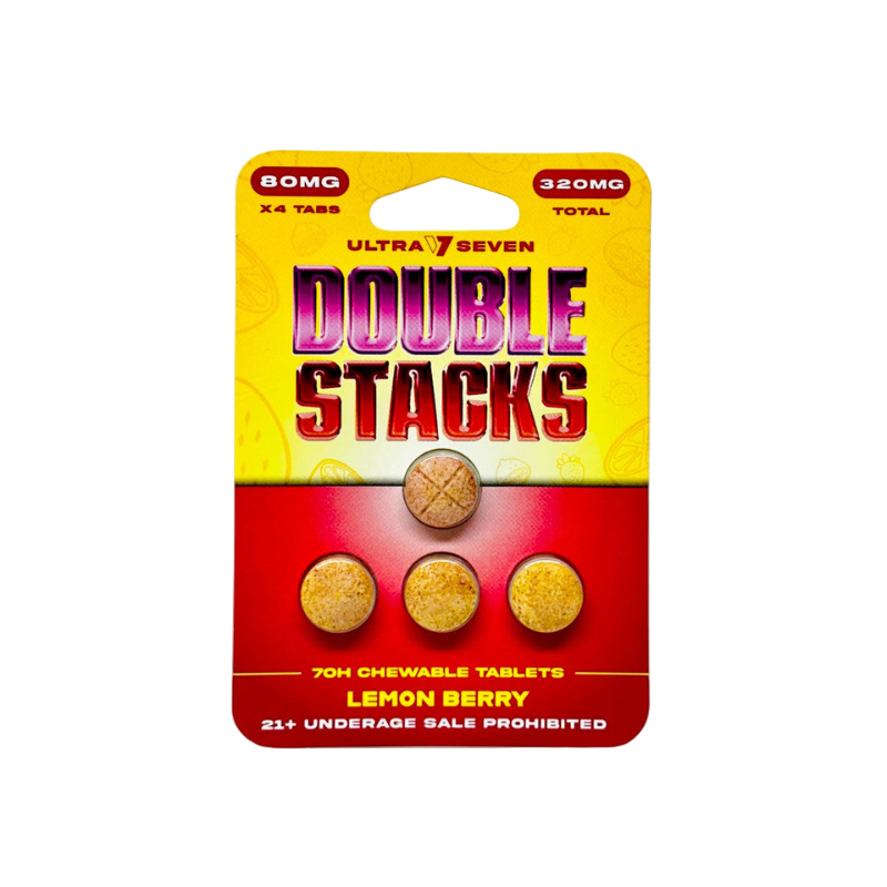 Pack of Ultra Seven Double Stacks lemon berry chewable tablets on a white background