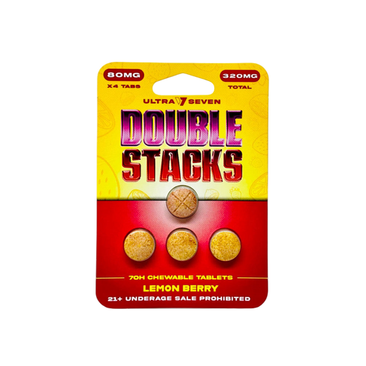 Pack of Ultra Seven Double Stacks lemon berry chewable tablets on a white background