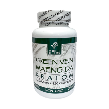 WHOLE HERBS KRATOM CAPSULES 120CT / 72G / 2.5OZ - MAENG DA GREEN VEIN - Seven Tech