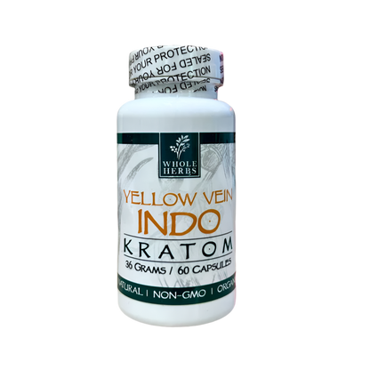 WHOLE HERBS KRATOM CAPSULES 60CT / 36G / 1.3OZ - INDO YELLOW VEIN - Seven Tech