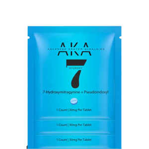 Blue foil packet labeled ’AKA 7’’ containing tablets.