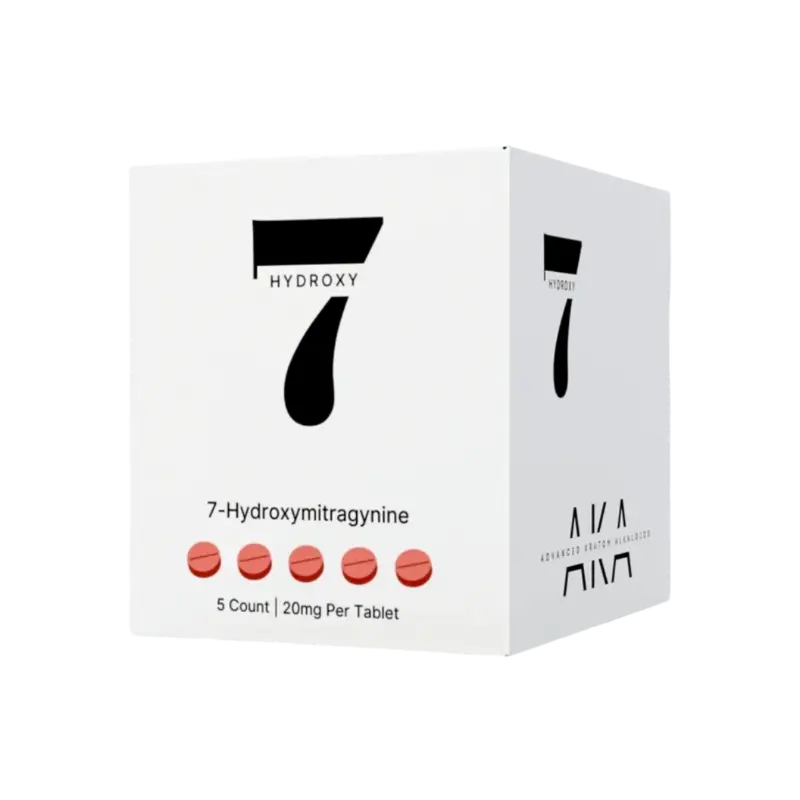 White box with black number 7 branding containing 7-Hydroxymitragynine tablets.