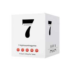 White box with black number 7 branding containing 7-Hydroxymitragynine tablets.