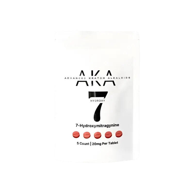 White supplement package labeled ’AKA 7’’ containing 7-Hydroxymitragynine tablets.