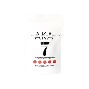 White supplement package labeled ’AKA 7’’ containing 7-Hydroxymitragynine tablets.