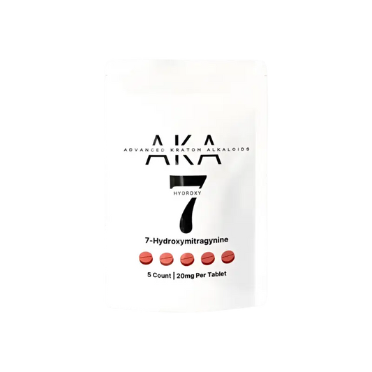 White supplement package labeled ’AKA 7’’ containing 7-Hydroxymitragynine tablets.