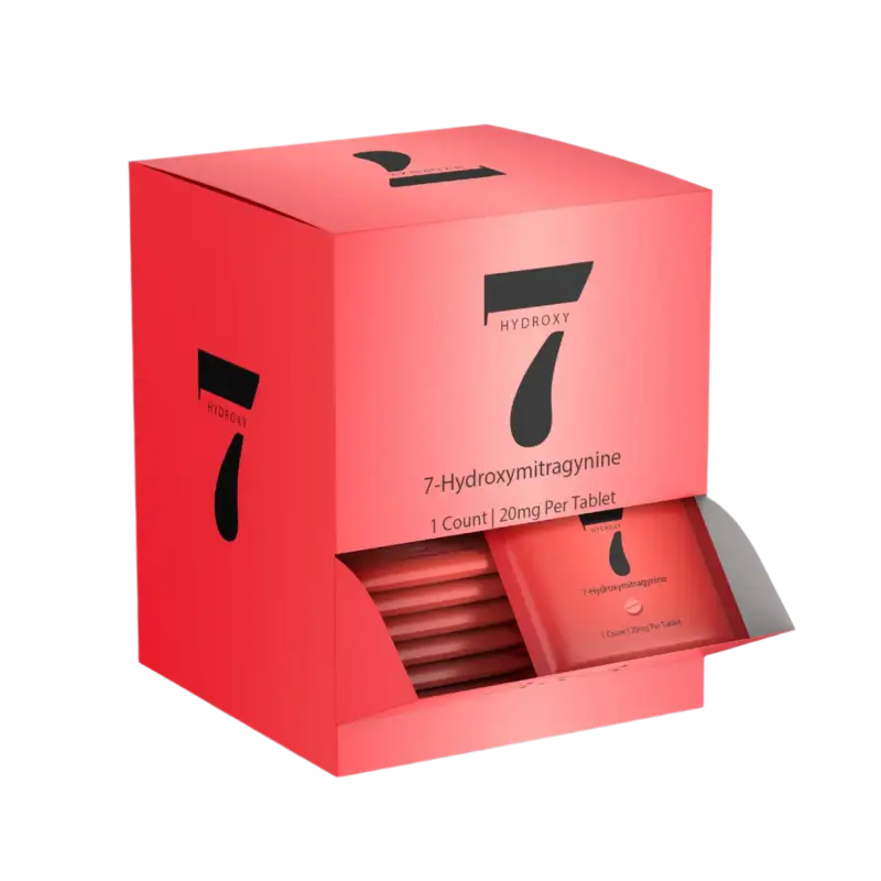 Red product box with the number ’7’’ prominently displayed, containing individually packaged tablets.