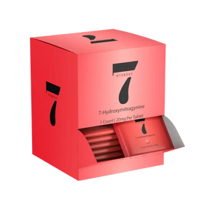 Red product box with the number ’7’’ prominently displayed, containing individually packaged tablets.