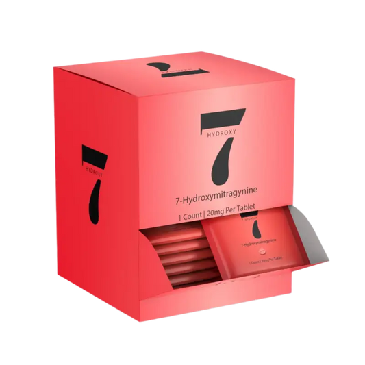 Red product box with the number ’7’’ prominently displayed, containing individually packaged tablets.