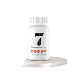 White bottle of 7-hydroxymitragynine supplement tablets.