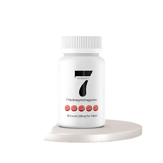 White bottle of 7-hydroxymitragynine supplement tablets.