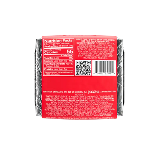 Back panel of a candy bar wrapper showing nutrition facts and product information.