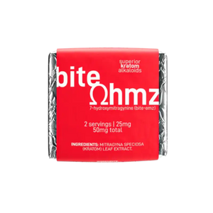 Red and white product package labeled ’bite ohmz’ with 2 servings of 25mg each.