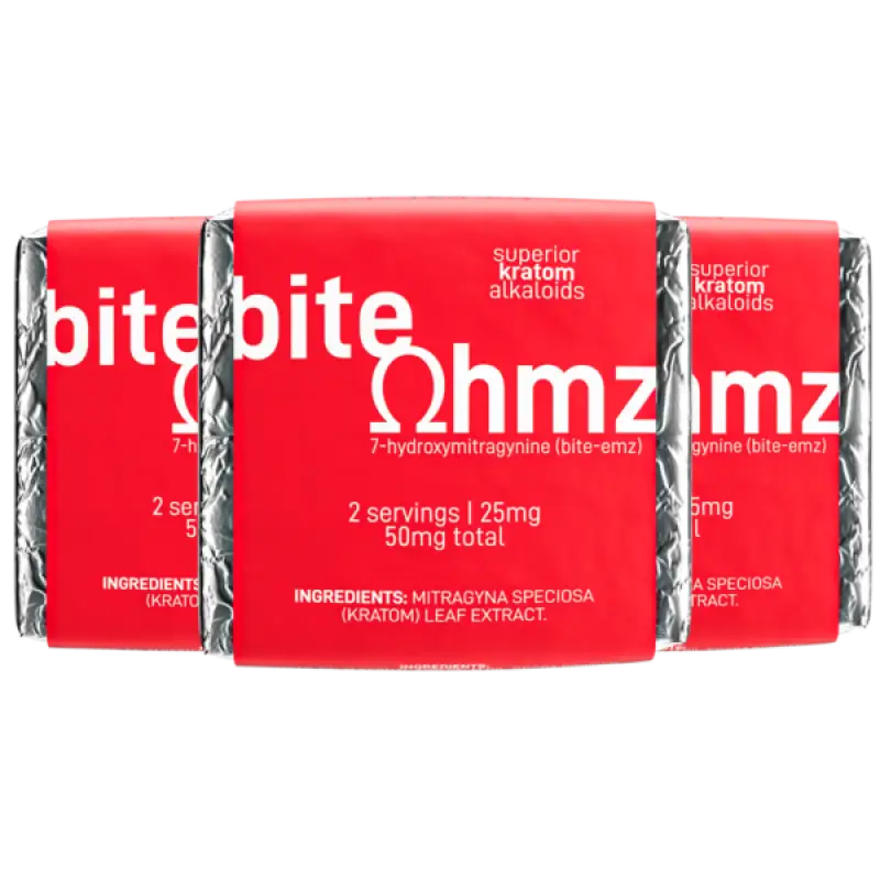 Three red packages labeled ’bite ohmz’ with white text.