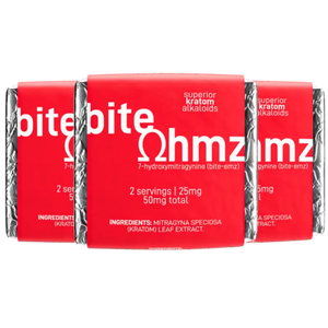 Three red packages labeled ’bite ohmz’ with white text.