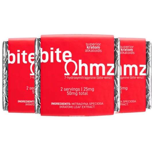 Three red packages labeled ’bite ohmz’ with white text.