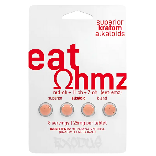 A blister pack of ’eat ohmz’ kratom alkaloid tablets containing 8 servings.