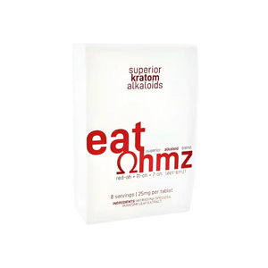 White product box with red text reading ’eat ohmz’ and ’superior kratom alkaloids’