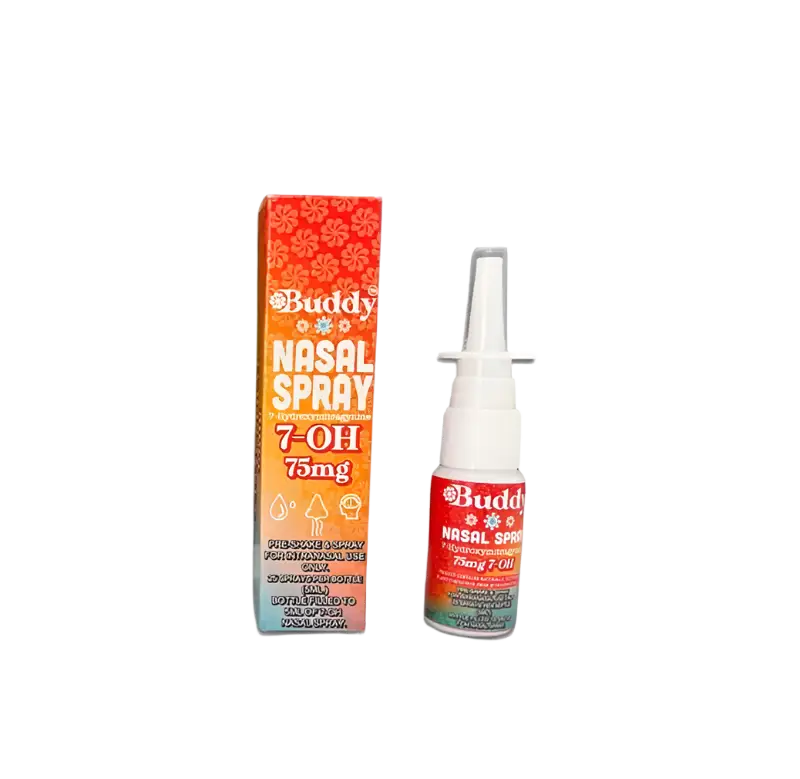 Nasal spray bottle and its orange packaging box.