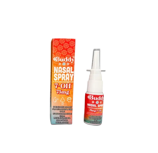 Nasal spray bottle and its orange packaging box.