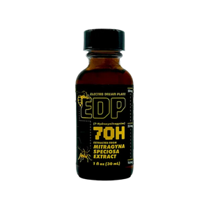 Brown glass bottle containing EDP 7OH Mitragyna speciosa extract.