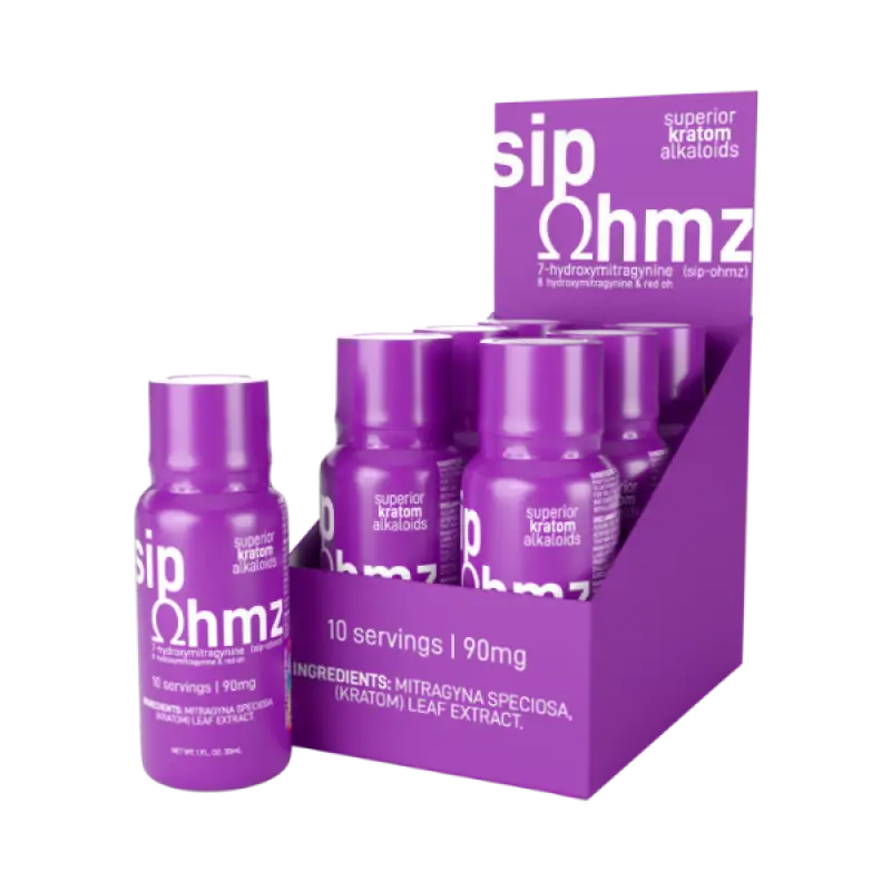 Purple bottles of ’Sip Ohmz’ beverage shots displayed in a retail box.