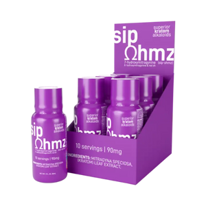 Purple bottles of ’Sip Ohmz’ beverage shots displayed in a retail box.