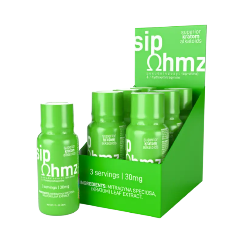 Bright green bottles of Sip Ohmz beverage shots displayed in a retail box.