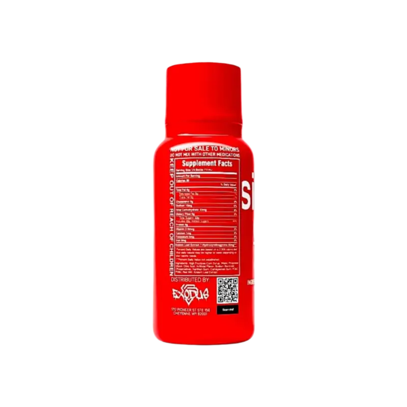 Red plastic supplement bottle with a nutrition facts label.