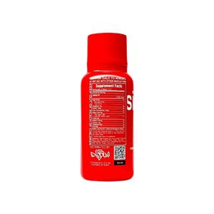 Red plastic supplement bottle with a nutrition facts label.