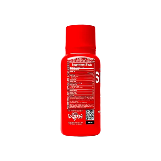 Red plastic supplement bottle with a nutrition facts label.