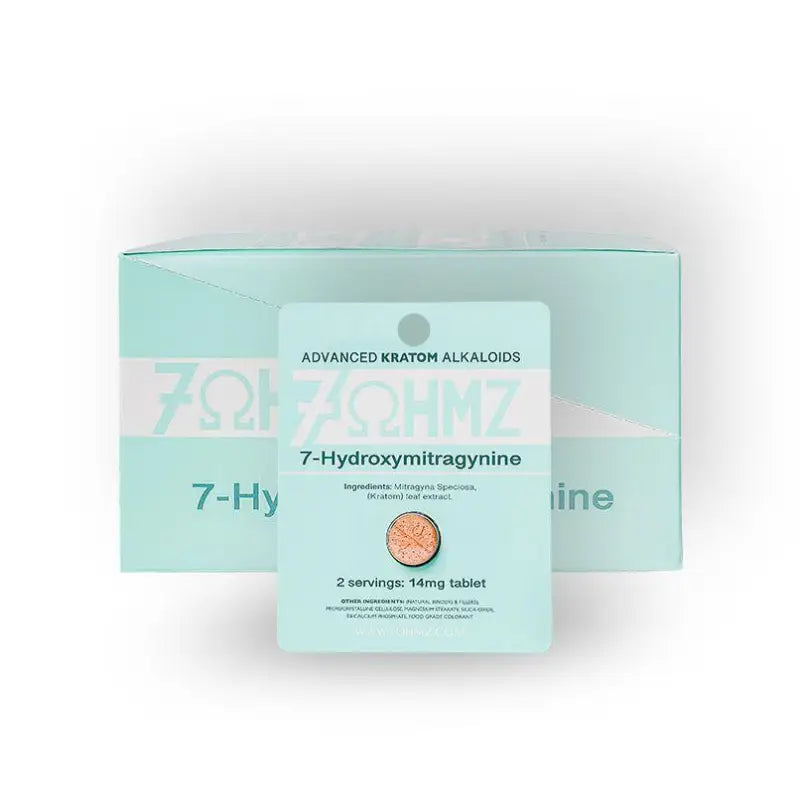 Mint green pharmaceutical packaging for 7-Hydroxymitragynine tablets.