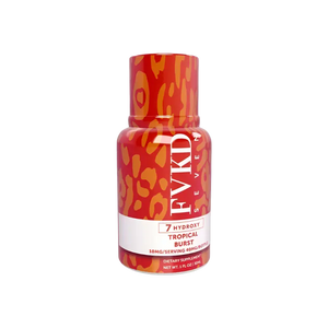 Red and orange leopard-print supplement bottle.