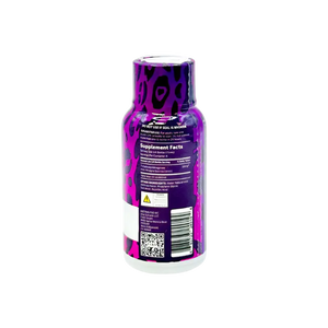 Purple and pink patterned supplement bottle.