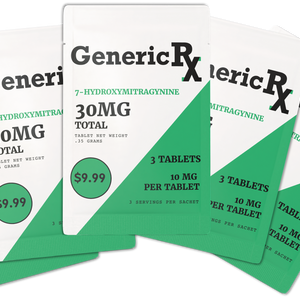 Several generic prescription medication packets with green and white coloring showing ’30MG’ dosage and price labels.