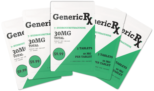 Several generic prescription medication packets with green and white coloring showing ’30MG’ dosage and price labels.