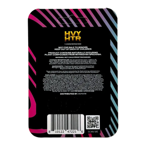 Back of a product package with ’HVY HTR’ branding and diagonal striped design in pink and blue colors.