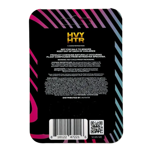 Back of a product package with ’HVY HTR’ branding and diagonal striped design in pink and blue colors.