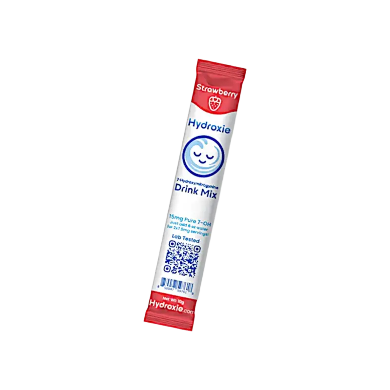 Strawberry-flavored Hydralyte drink mix packet with a smiling blue logo.