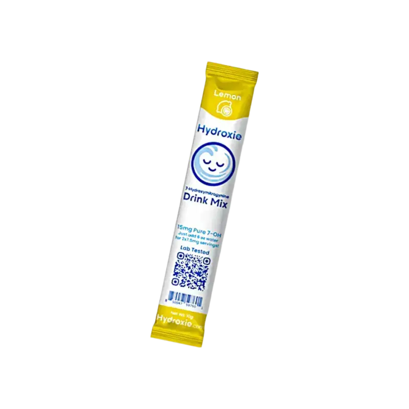 Yellow packet of Hydrolife lemon-flavored drink mix with a smiling face logo.