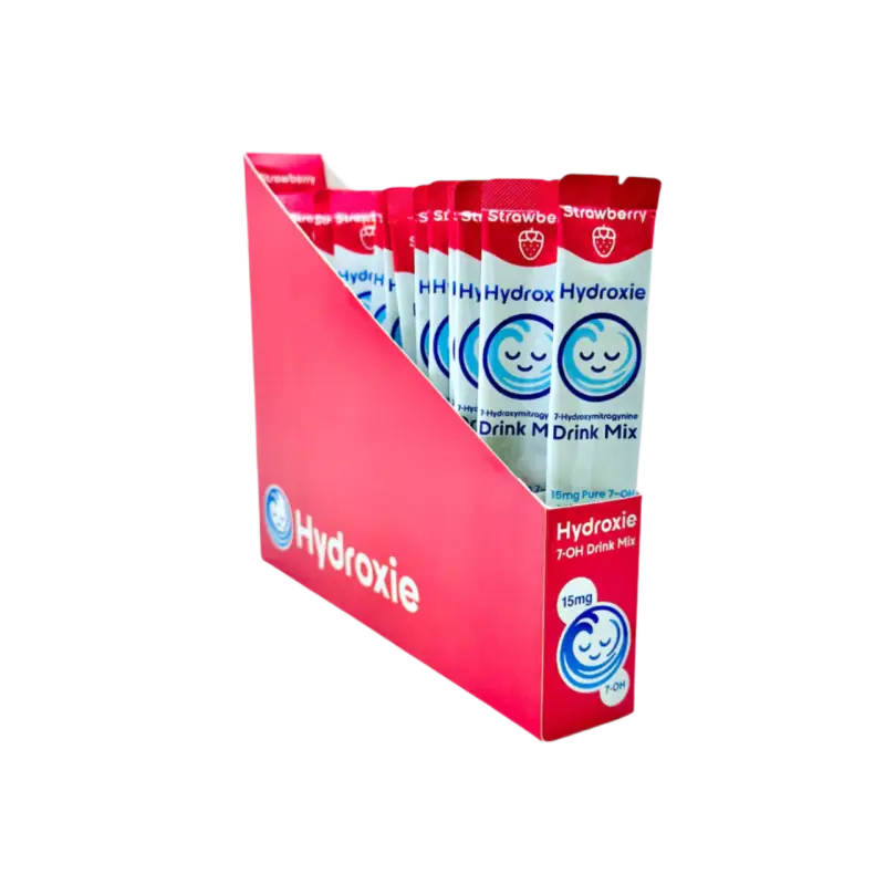 Red retail display box containing Hydroxie drink mix packets.