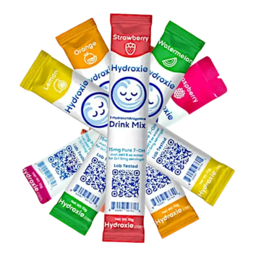 Colorful drink mix packets arranged in a circular pattern with a blue logo in the center.