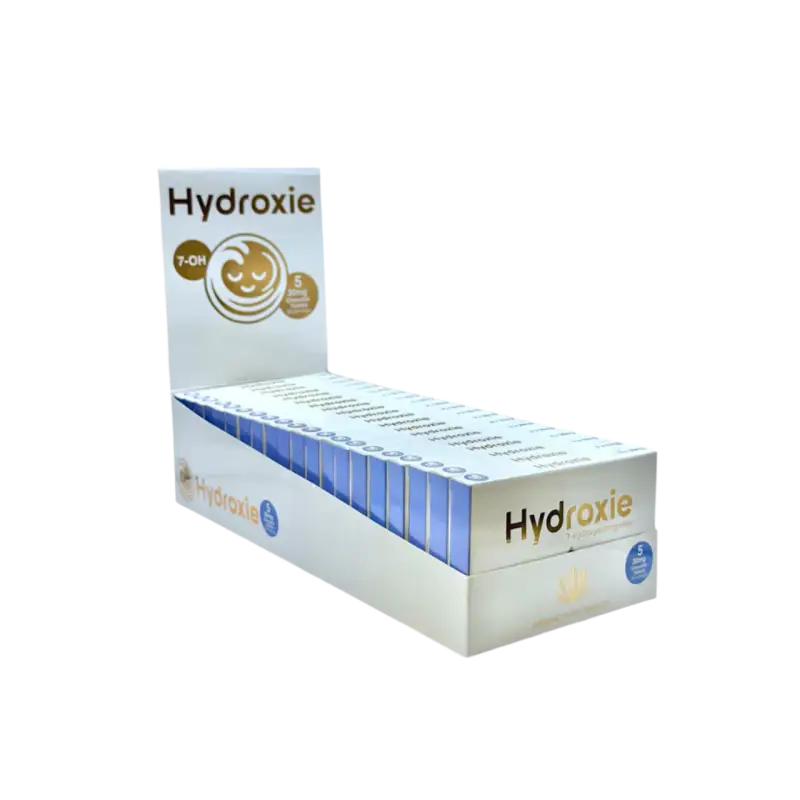 Display box containing multiple Hydroxie product packages.