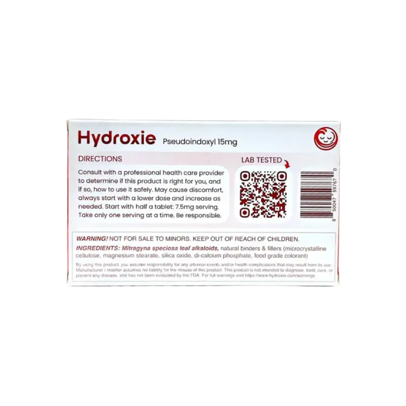 White and red product box labeled ’Hydroxie’ with directions and a QR code.