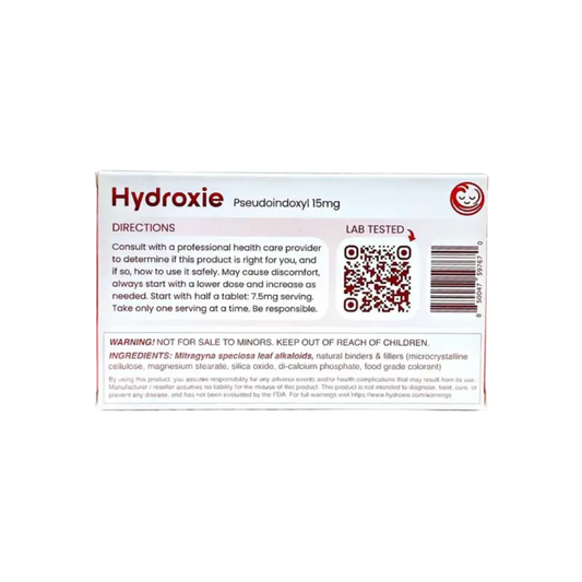 White and red product box labeled ’Hydroxie’ with directions and a QR code.