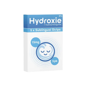 Box of Hydroxie sublingual strips containing 5 strips at 15mg strength.