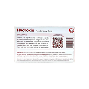 White and red pharmaceutical box labeled ’Hydroxie’ with directions and a QR code.