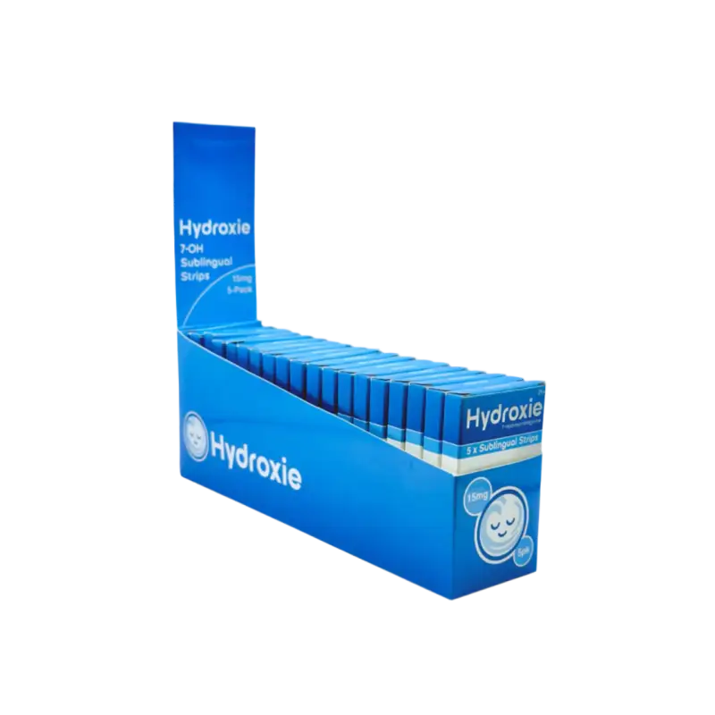 Blue retail display box containing Hydroxie products.