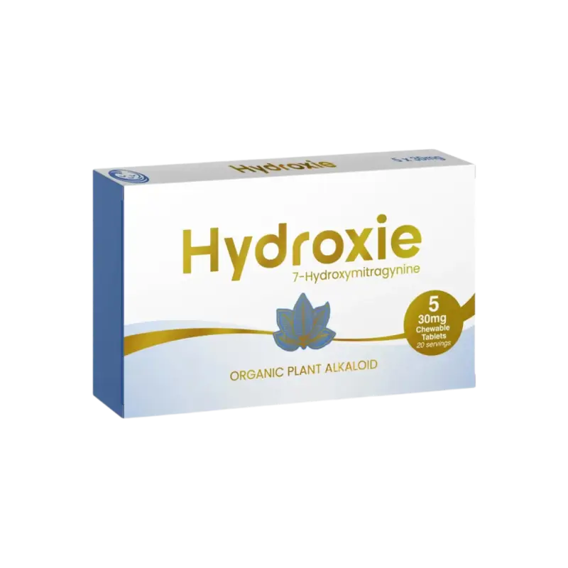 White and blue pharmaceutical box labeled ’Hydroxie’ with gold lettering and a blue flower logo.