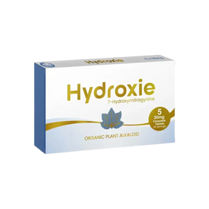 White and blue pharmaceutical box labeled ’Hydroxie’ with gold lettering and a blue flower logo.